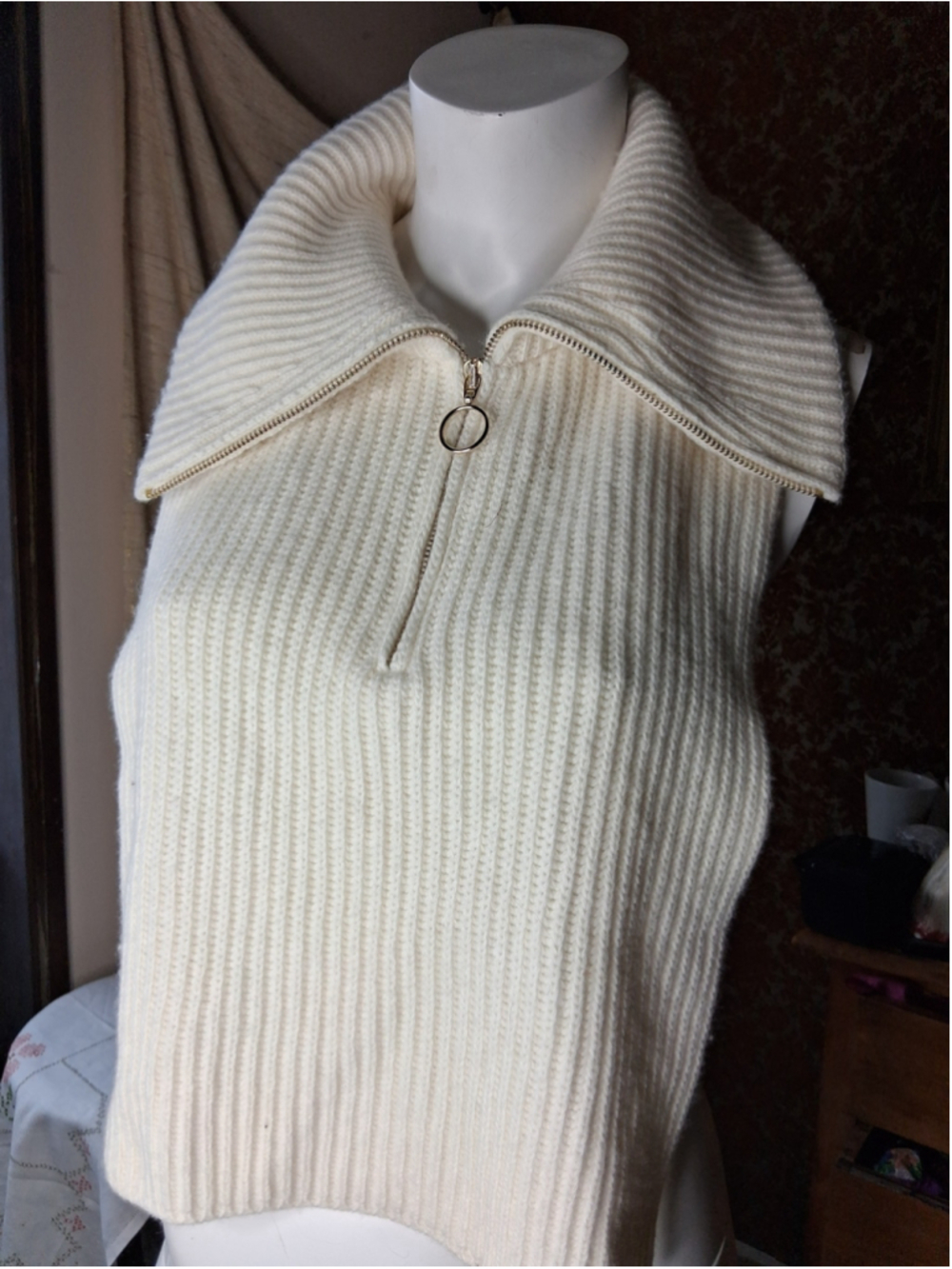 Sandro Paris Cream Sleeveless Ribbed Half-Zip Sweater Vest One Size